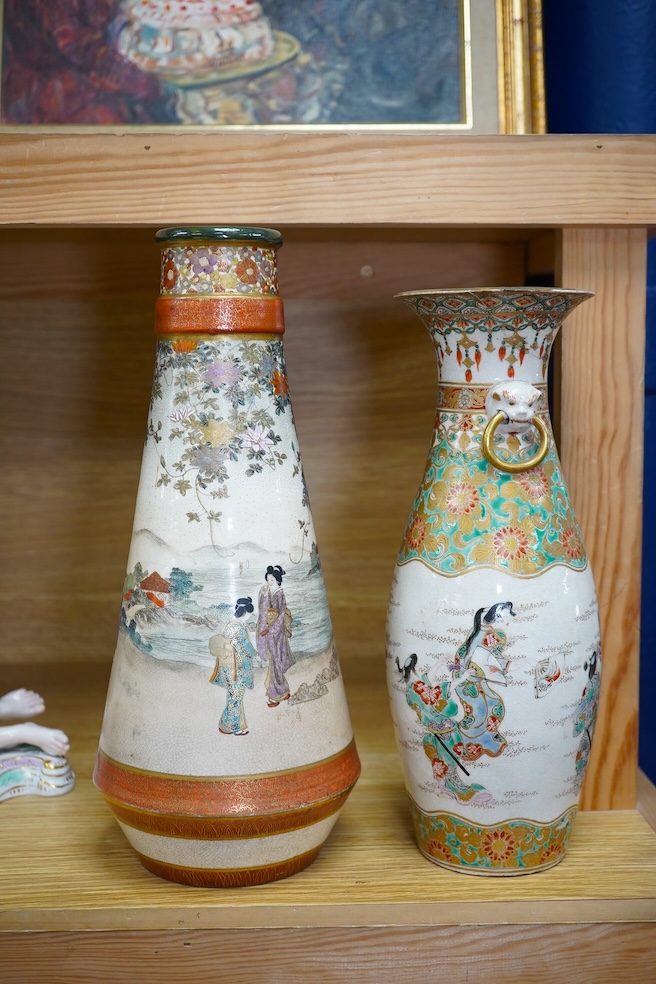 Two Japanese Satsuma vases, tallest 31cm high. Condition - both have damage